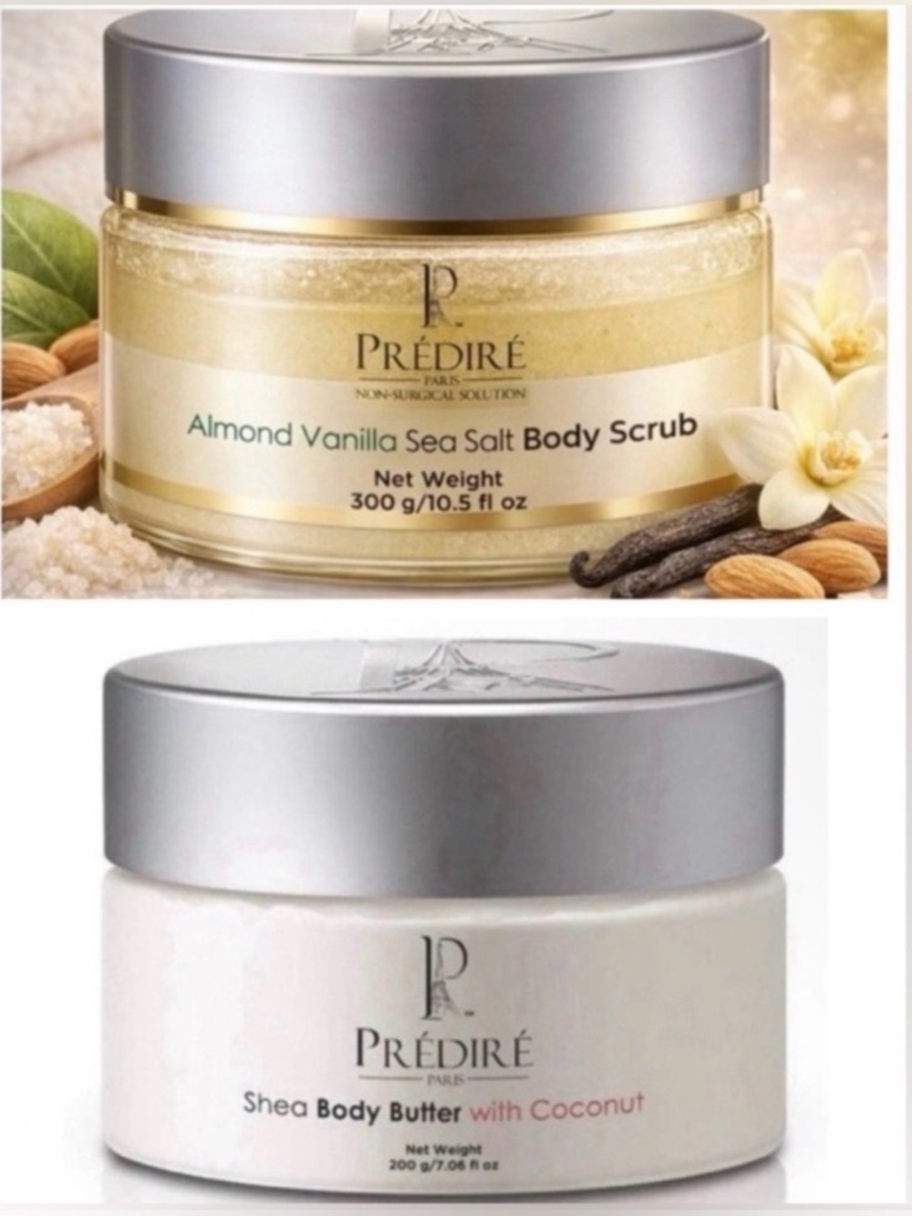 Predire Almond Vanilla Body Scrub & Shea Body Butter BUNDLE ~ Retail $250